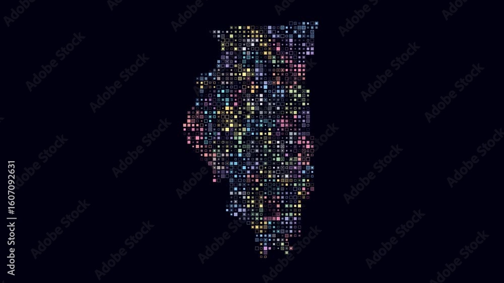 Poster illinois dotted animation. shape of the state build of pulsating colored dots. small size square blo