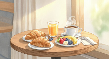 水彩で描かれた心地よい朝食のテーブル