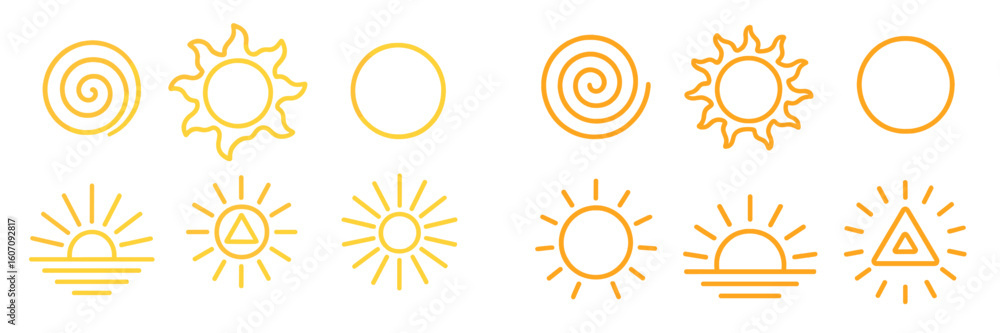 Poster various sun symbol designs featuring different styles and shapes displayed on a light background