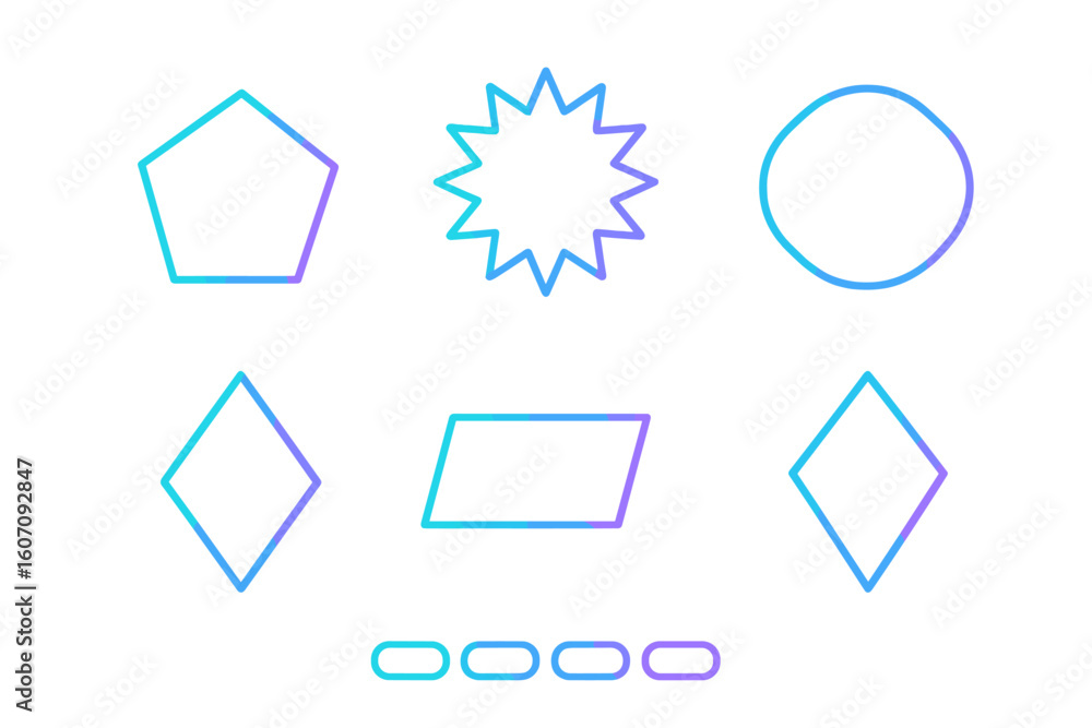Poster different geometric shapes in various colors placed in an artistic arrangement on a white background