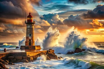 Majestic Lighthouse on Rocky Coast, Dramatic Ocean Waves, Serene Seascape