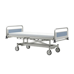 Adjustable hospital gurney with wheels isolated on transparent background