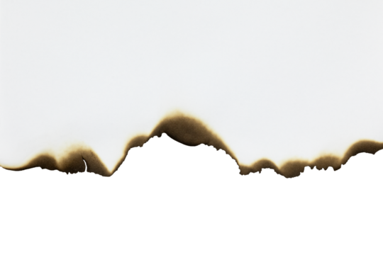 Horizontal torn paper edge with burnt, scorched texture. A grunge page break or divider design element for websites and creative layouts, isolated on white background with clipping path.