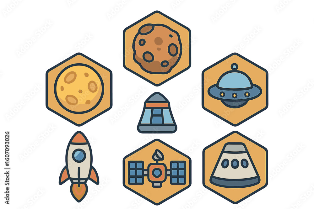 Poster various space-themed icons featuring extraterrestrial objects and spacecraft in a colorful hexagonal