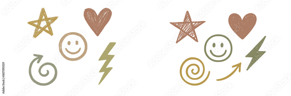 Poster colorful doodles with cheerful symbols illustrate emotions and concepts in a playful design
