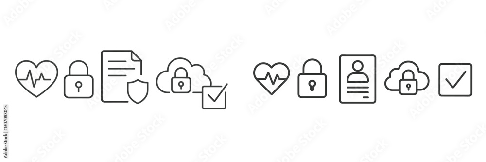 Poster icons representing security and health data management in a digital environment with a modern, minim