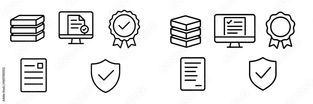 Poster icon collection representing certification, documents, and data validation in a digital context with