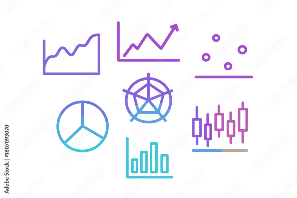 Poster graphic representations of data trends and statistics used for analysis and presentations in various