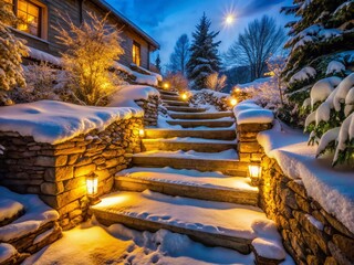 Sustainable Harmony: Snow, Stone, and Steps at Night