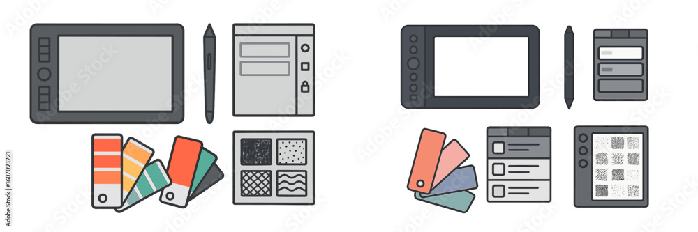 Poster digital art tools and color palettes displayed on a desk for creative projects