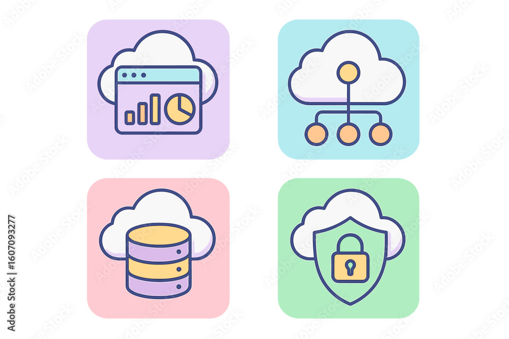 Poster cloud computing icons representing data analytics, network architecture, database storage, and secur