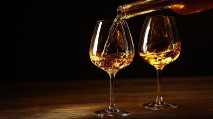 Elegant still life of crystal wine glasses with golden liquid captured in soft lighting.