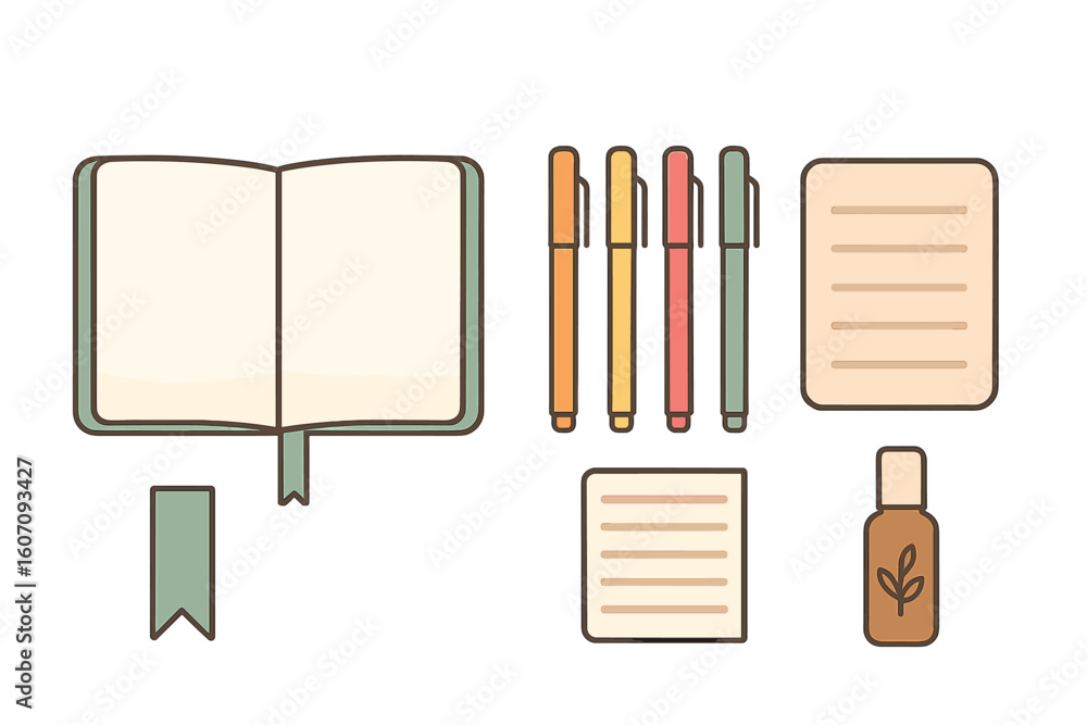 Poster workspace setup for creative planning and journaling using stationery and natural elements