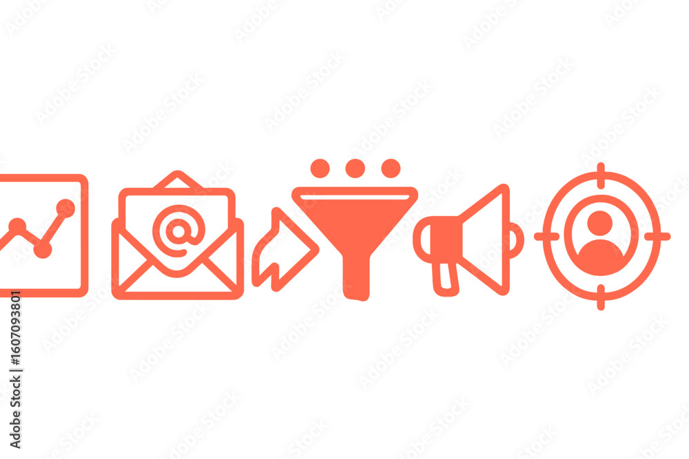 Poster symbols representing digital marketing processes in a modern design for enhanced understanding and a