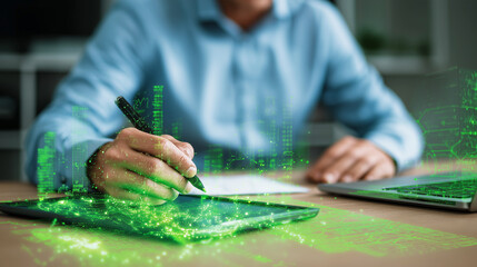 Person using a stylus on a tablet surrounded by glowing green digital data streams