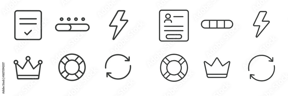 Poster outline of various minimalistic icons with check marks, profiles, lightning, and lifebuoy symbols in