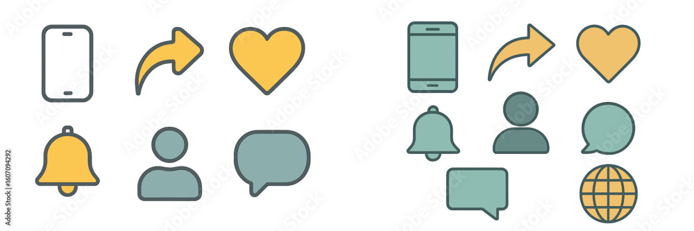 Poster symbols representing social media interactions and notifications for modern communication tools at a