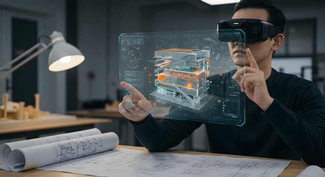 Architect uses VR headset to interact with 3D building model and blueprints on desk