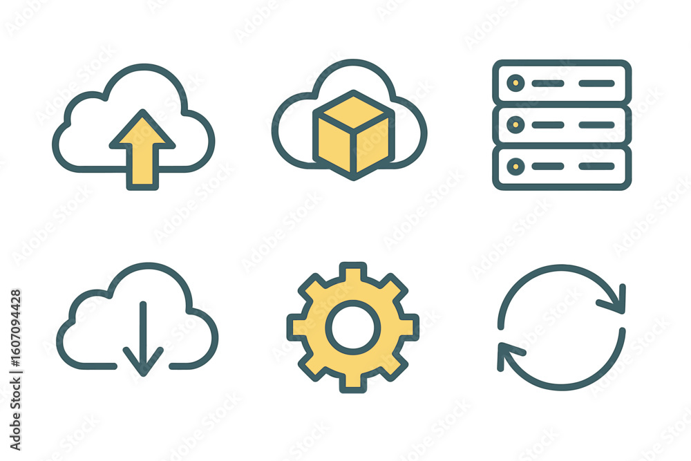 Poster icons representing cloud computing, data storage, and synchronization of digital services for modern