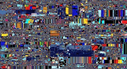 "An abstract digital chaos of distorted colors and glitched patterns, forming a mosaic of visual noise."









