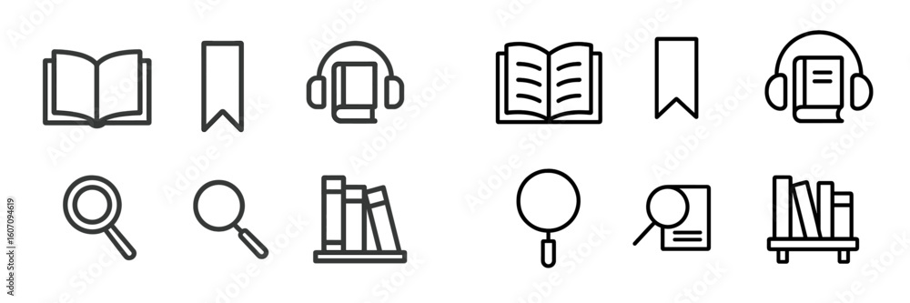 Poster icons depicting reading concepts and tools in a minimalistic style suitable for educational content 
