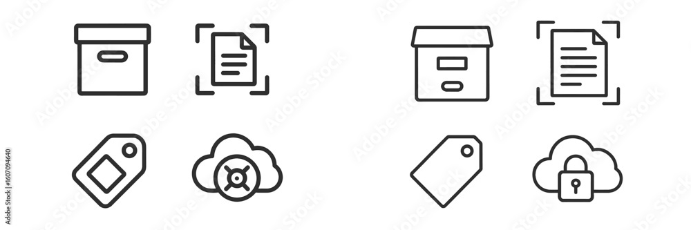 Poster icons representing document and package management for digital organization systems in a modern work