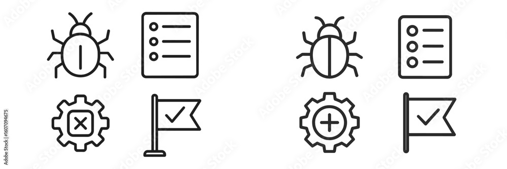 Poster icon set depicting bug tracking and task management for software development in a minimalist design