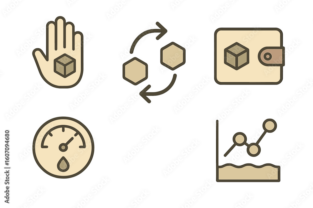 Poster conceptual symbols representing transaction processes and data analytics for business operations in 