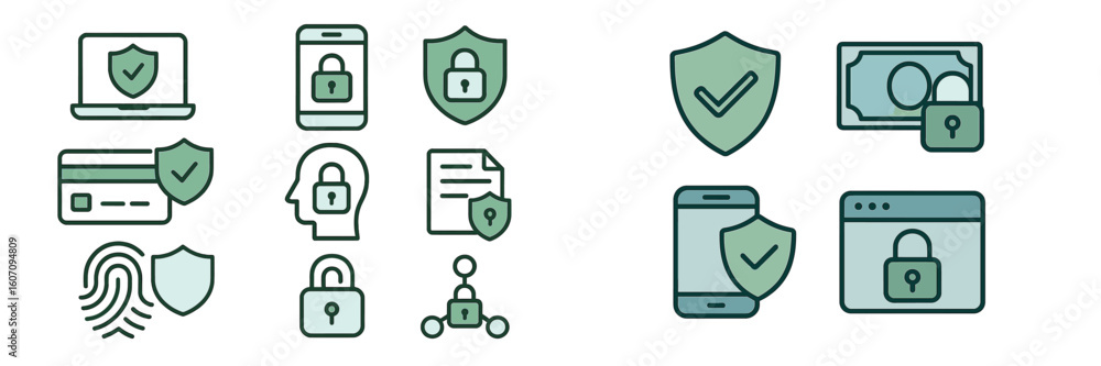 Poster security icons representing digital protection for devices, personal data, and transactions in a mod