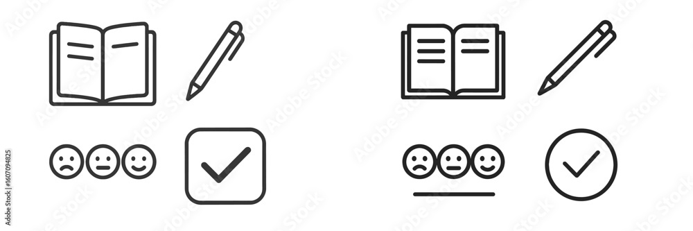 Poster icons representing feedback and evaluation related to reading and writing tasks in a modern learning