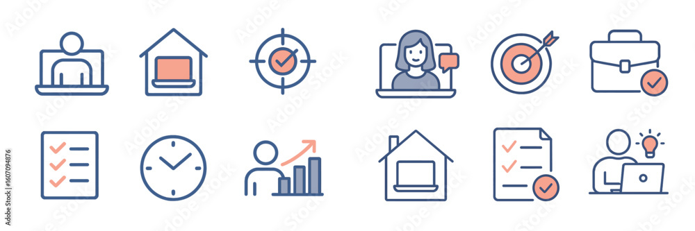 Poster icons representing various concepts of remote work, productivity, and goal setting in a modern digit