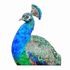 Watercolor Style Beautiful Peacock with Stunning Plumage and Crown Feathers Illustration
