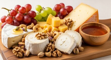 close up of a delicious breakfast with a honey bowl butter chees and fruits on the wooden table 