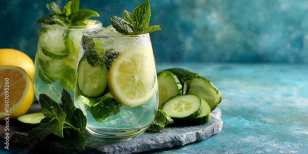 Poster refreshing summer lemonade with cucumber and mint arranged on a light blue stone background with sli