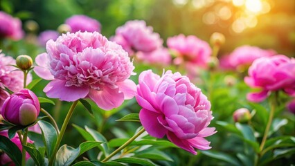 Soft pink peony flowers in a lush garden, blossoming flowers, vibrant colors
