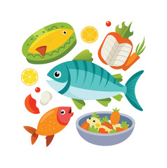 Colourful Fish and Seafood Dishes Vector Illustration