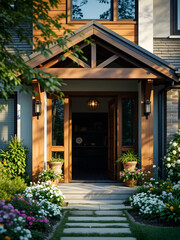 Obraz premium The front door of a house is open, revealing a beautiful garden with flowers