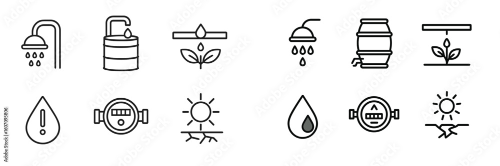 Poster collection of icons representing water management and conservation techniques for sustainable practi