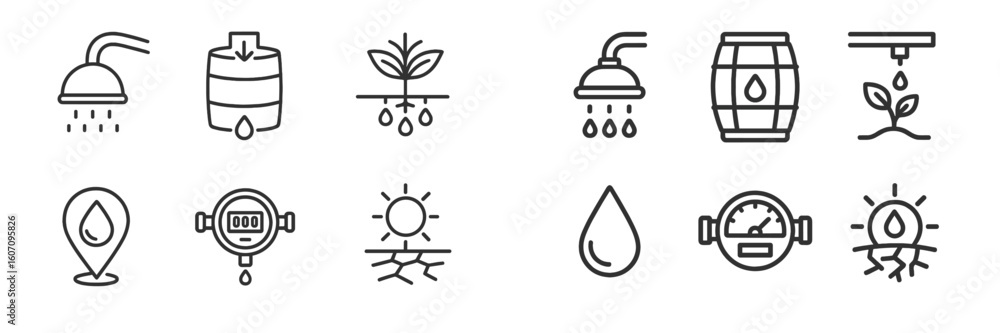 Poster collection of water-related icons depicting various aspects of conservation and usage in a modern de