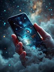 A hand holding a cell phone in a cloud of stars