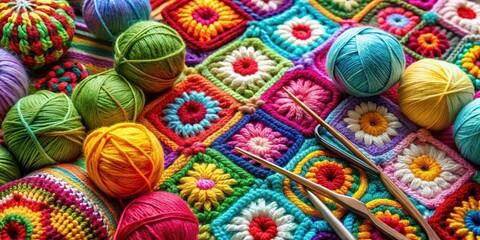 Crochet work in progress on a colorful fabric with various yarns and threads, yarn, textile,  yarn, textile