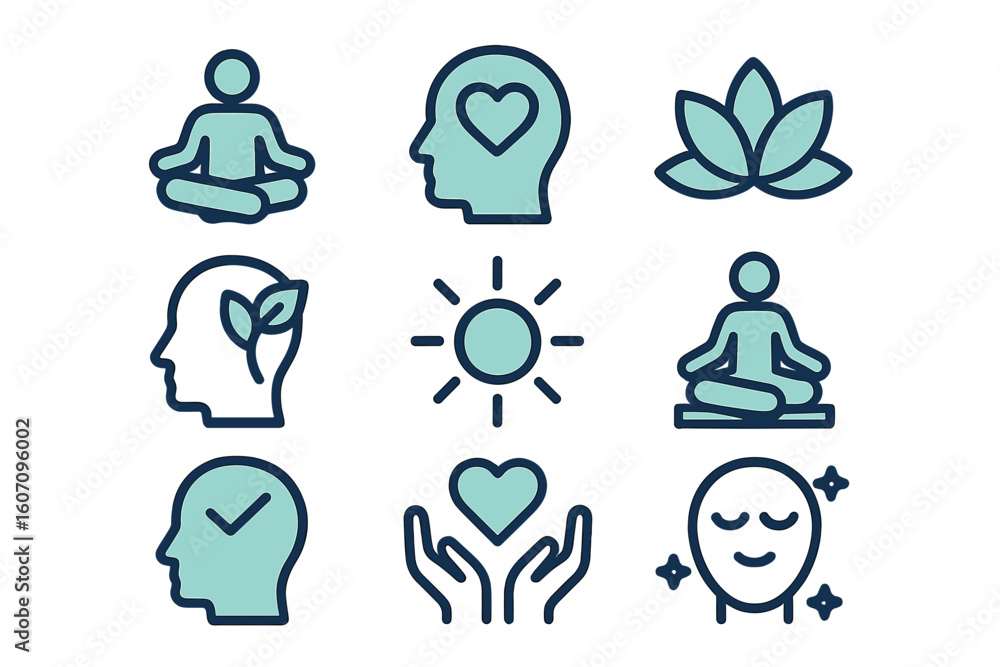 Poster visual representation of mindfulness and wellness concepts using simple icons illustrating meditatio