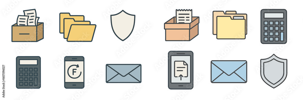 Poster collection of office icons illustrating various tasks and tools for organization and communication
