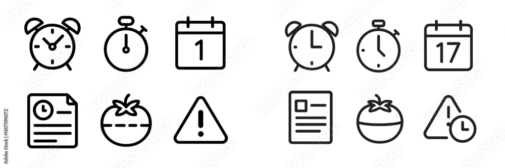 Poster collection of icons representing time management, scheduling, and reminders in a minimalist design s