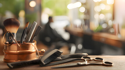 Barber shop scene highlighting hairstyling tools in warm ambient light.