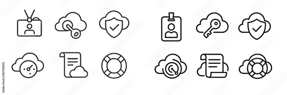 Poster collection of icons representing cloud security features, identity verification, and data protection