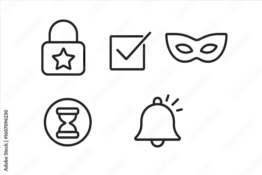 Aufkleber collection of simple icons representing security, tasks, notifications, and time management in a mod
