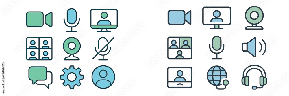 Poster icons representing virtual communication tools in a modern digital workspace setting