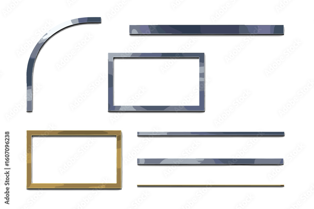 Poster decorative frames in various shapes and sizes arranged on a white background for art display or desi