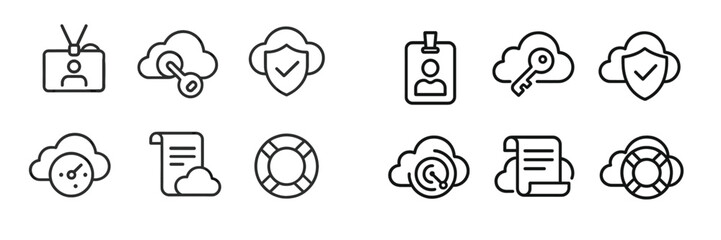 Collection of icons representing cloud security features, identity verification, and data protection measures